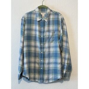 Jones New York Sport Large 100% Linen Long Sleeve Shirt Blue Green Plaid Pocket